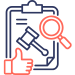 icon of a thumbs up and a magnifying glass over a clipboard with a judge's mallet